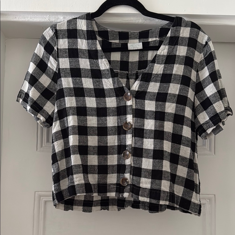 Black and White Checkered Button-Up Top